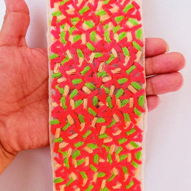 Beige Sheer Tissue Fabric Trim With Cotton Thread Embroidery In Tomato Red, Green And Nude, Fabric Lace